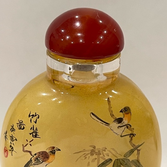 Vintage CHINA Snuff Bottle Inside Reverse Painted Sparrows In Trees Art Handmade - Picture 7 of 16
